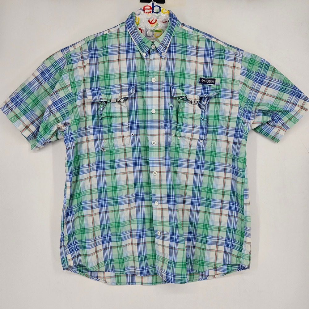 Columbia Shirt Mens Large Super Bahama PFG Performance Fishing Plaid Green